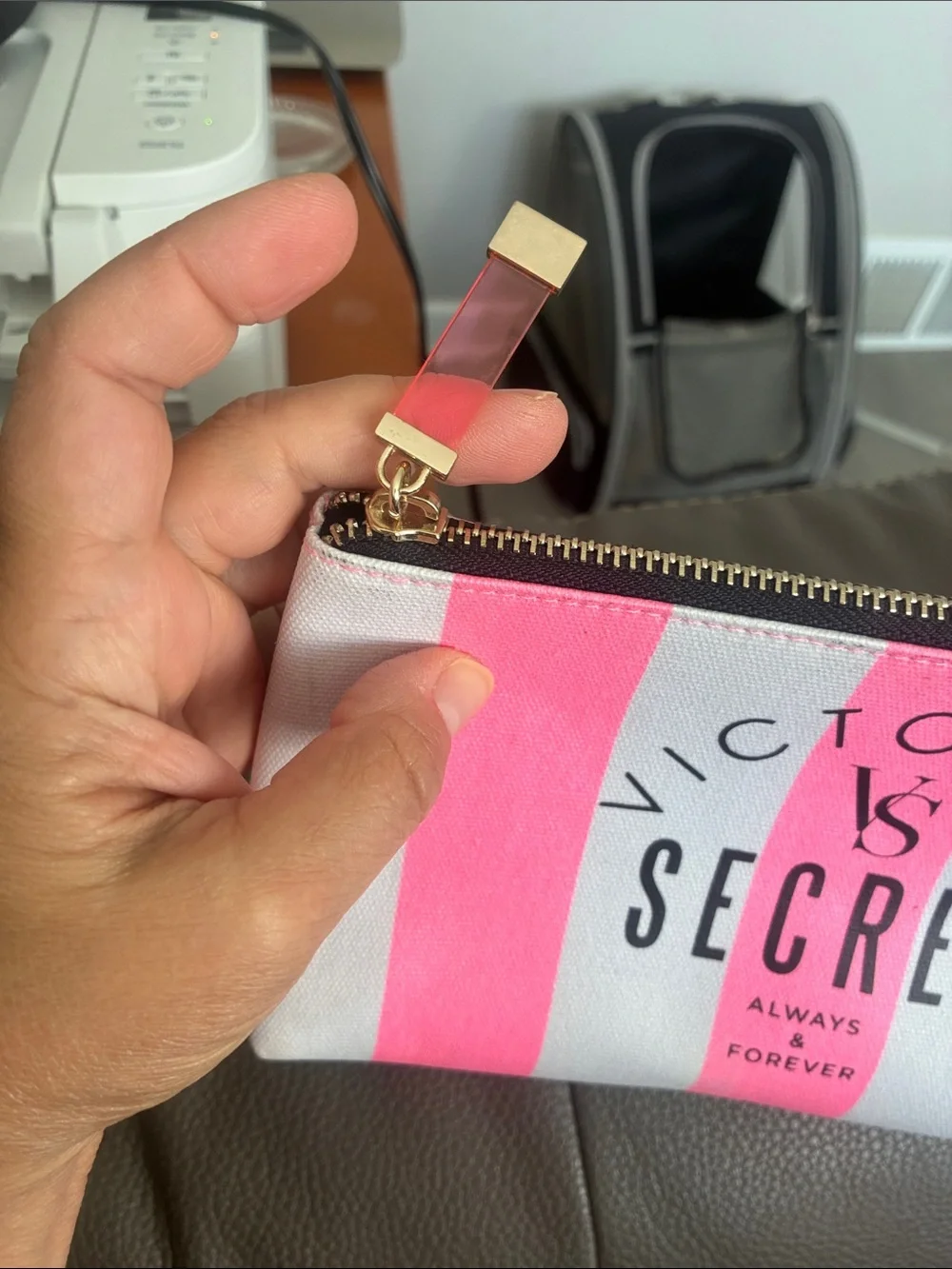 Victoria's Secret Neon Pink and White Signature Stripe Cosmetic Makeup Bag Pouch